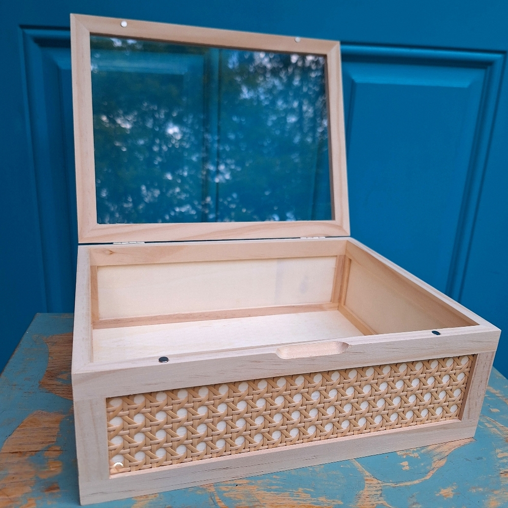 Wood and Glass Display Box or Wall Shelf Hinged Lid Wicker Trinkets Collectibles - Picture 3 of 15